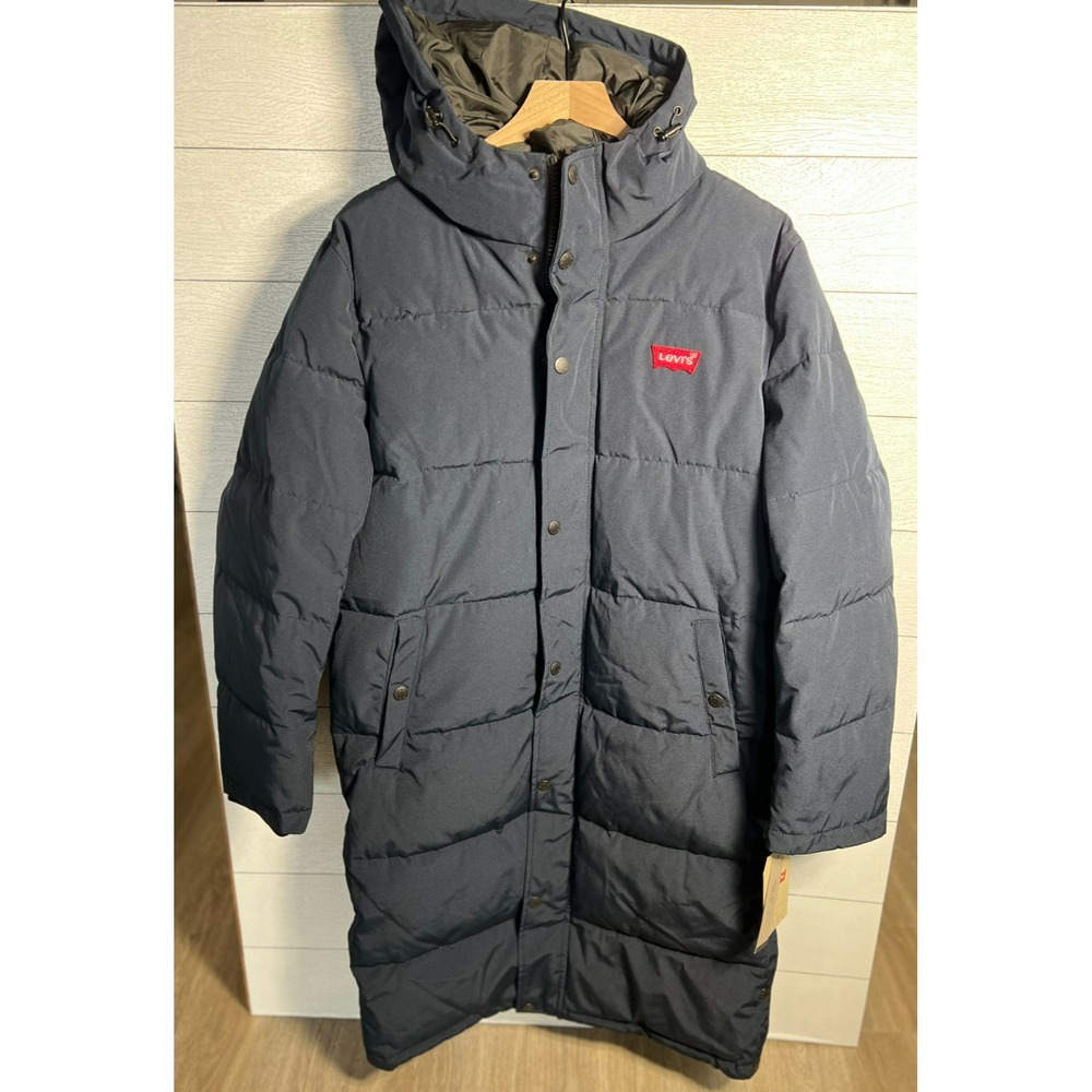 Levis NEW Mens Long Puffer Parka Jacket Small Navy Ultra Loft Hooded Coat $295